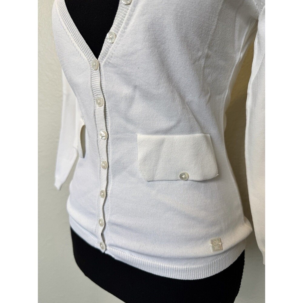 Carolina Herrera White Lightweight Sweater Button Cardigan Deep V Women’s Small